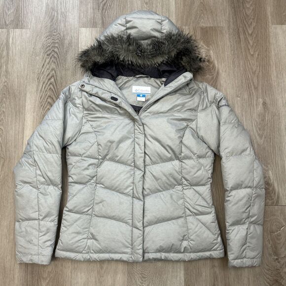 Columbia Omni Shield Puffer Jacket Womens Medium Hooded Down Faux Fur Gray Coat - Picture 1 of 13